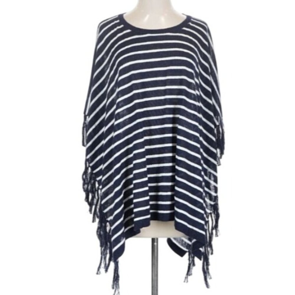 Talbots XS Blue White Striped Linen Blend Poncho Fringe Nautical Preppy Classic - Picture 2 of 8